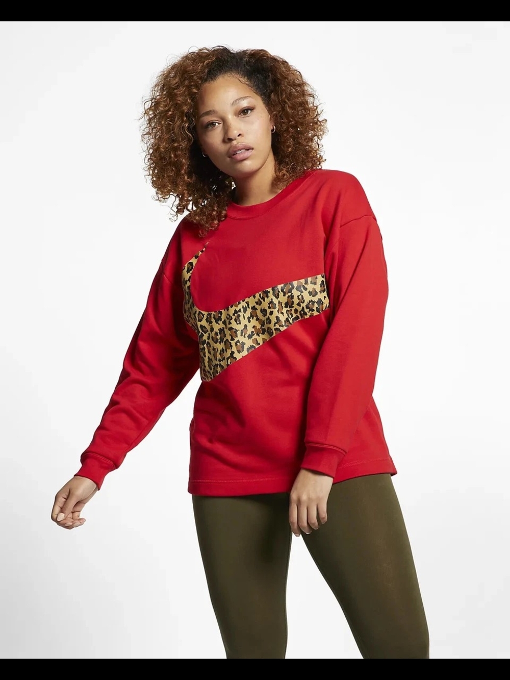 Nike Women’s Red Off-Shoulder Sweatshirt with Leopard Swoosh